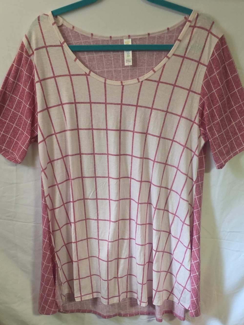 LuLaRoe Pink and Cream Grid Scoop Neck Top